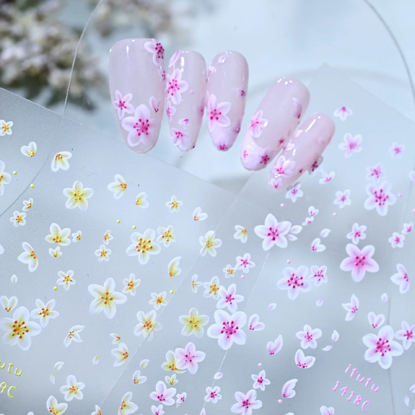 5D Embossed Fresh Star Flower Peach Blossom Nail Stickers Gradient Pink Yellow Sakura Florets Decals Spring Manicure Supplies