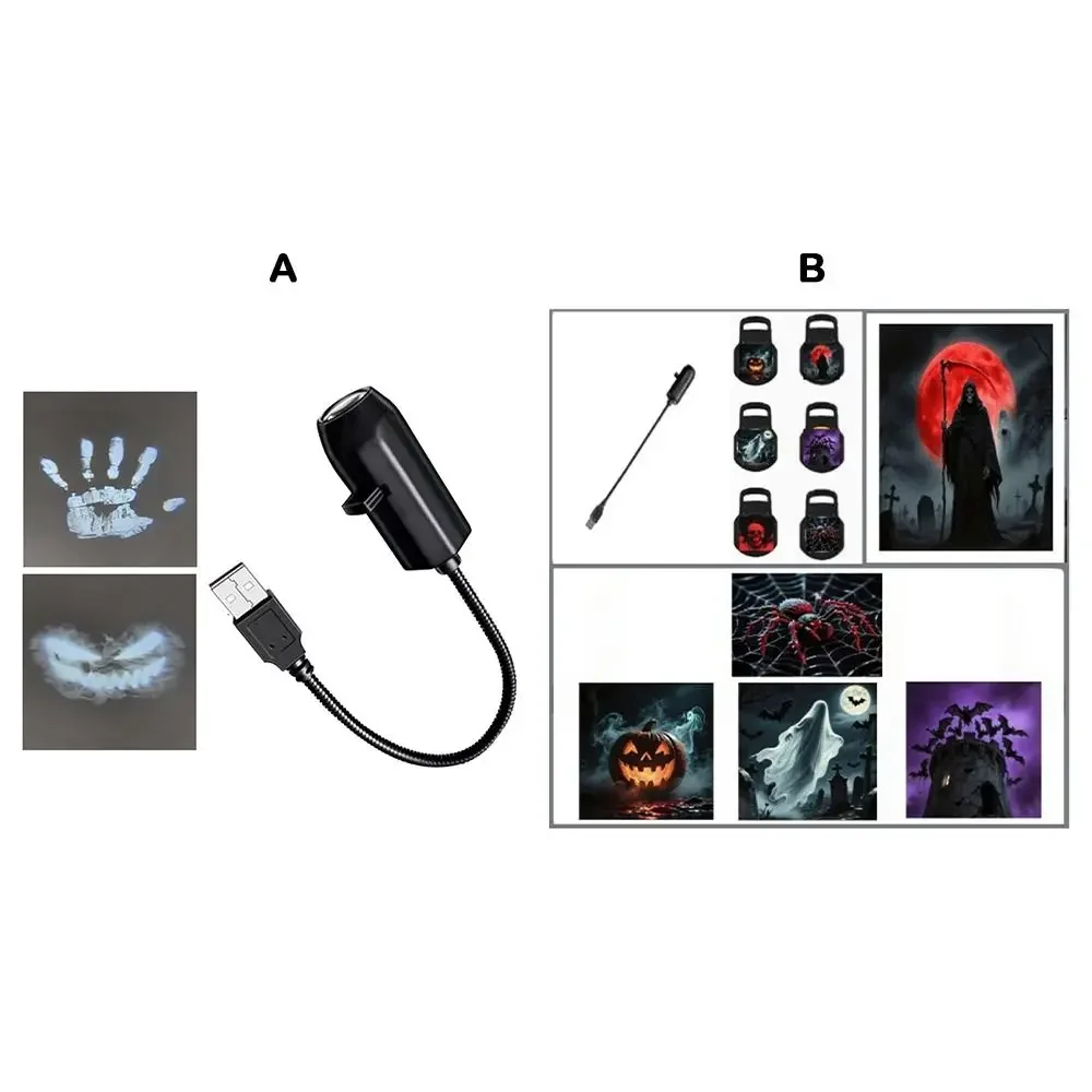 할로윈 USB 프로젝션 야간 조명 해골 6 패턴 디자인 LED 프로젝터 램프 벽 천장 장식 휴일 파티 분위기 조명