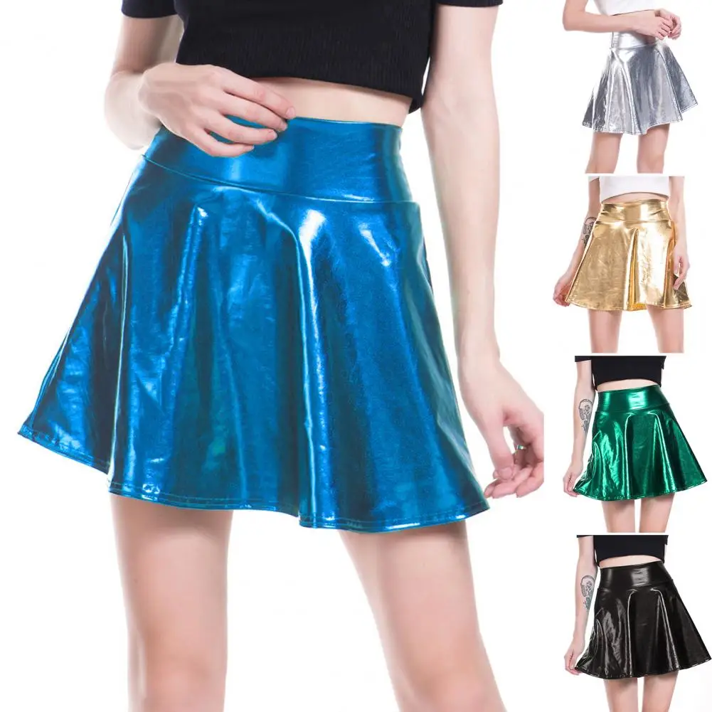 

Comfortable Mini Skirt Stylish High-waisted Mini Skirt for Women Glossy Surface A-line Hem Skater Skirt Party Wear for Stage