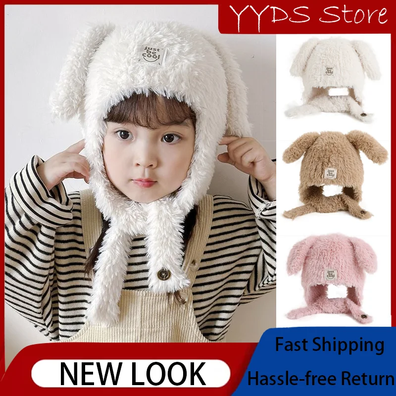 

Children's Hats Winter Long-eared Rabbit Plush Hat White Bunny Cap Parent-child Button Plush Warm Letter Beanie