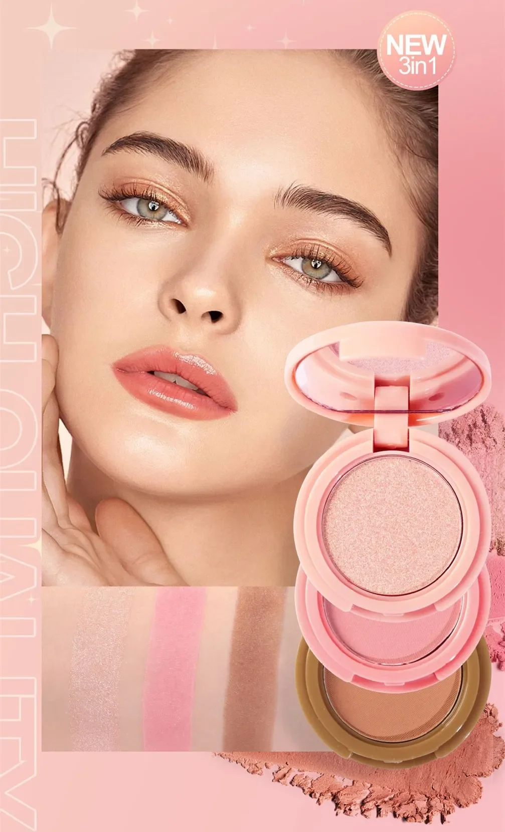 Coreano 3 In 1 Matte Highlighter Blush Palette Pearly Blush Shiny Eyeshadow multifunzionale Face Makeup Palette Cosmetics
