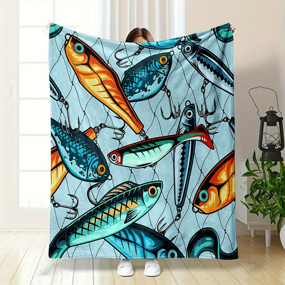 Contemporary Cartoon Fish Lure Print Flannel Blanket Reversible,Throw with Digital Printing Soft - Ideal for Outdoor Fishing