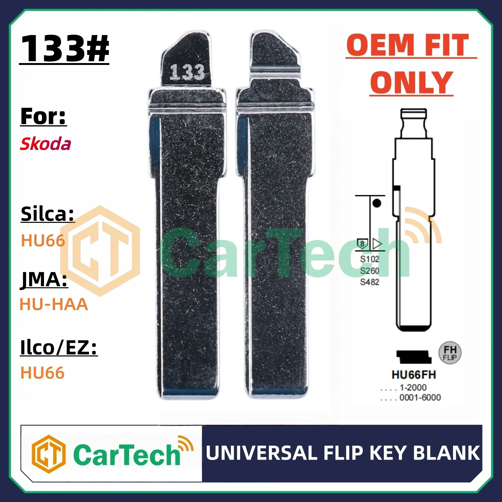 Cartech  133# OEM Style Uncut Blank Key Blade Replacement for Skoda Original Remote Key HU66 HU-HAA