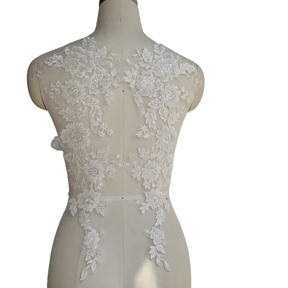 

48,5 * 19 СМ Белые цветы из вискозы с блестками и бисером. Вышитая кружевная зеркальная аппликация, нашивка, сделай сам, свадебные аксессуары, шитье