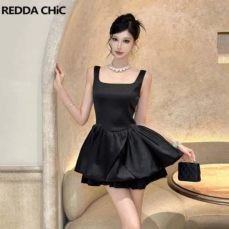 ReddaChic Women Sleeveless Bubble Dress Birthday Cutecore Plain Ruffled Square Neck Tank Short One-piece Party Coquette Costume