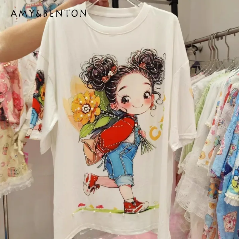 Summer New Heavy Industry Beads Diamond Drills Tees Korean Style Cartoon Girl Cool O-Neck T-shirt Sweet Loose Lace Sleeve Top