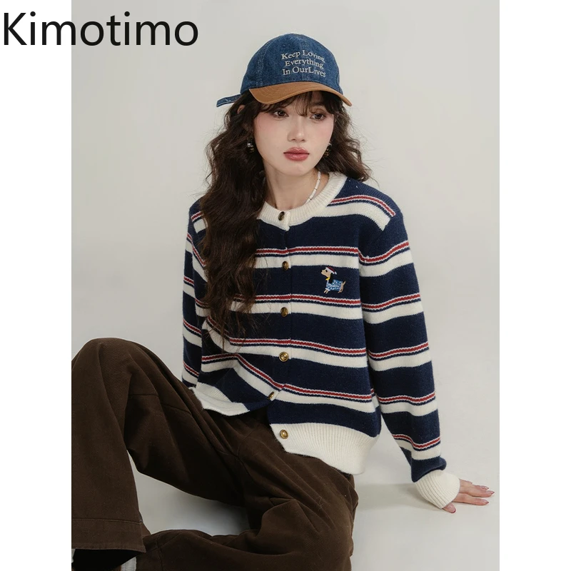 

Kimotimo Striped Embroidery Knitted Cardigan Women Autumn Winter O Neck Single Breasted Sweater Coat Fashion Sueters De Mujer