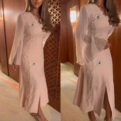 Customized Fashion Jersey Pleat Pattern A-line V-neck Midi Dresses Bespoke Occasion Matching High Quality