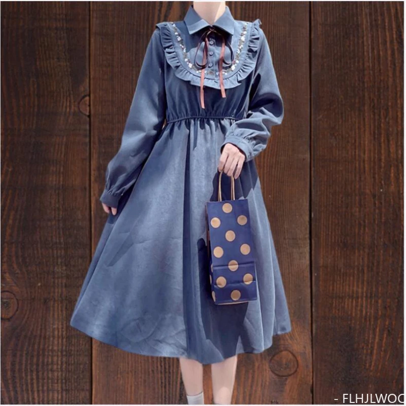 

Art Mori Girls Long Dress Autumn Winter Basic Wear Retro Vintage Japan Style Doll Neck Cute Sweet Ribbon Bow Tie Corduroy Dress