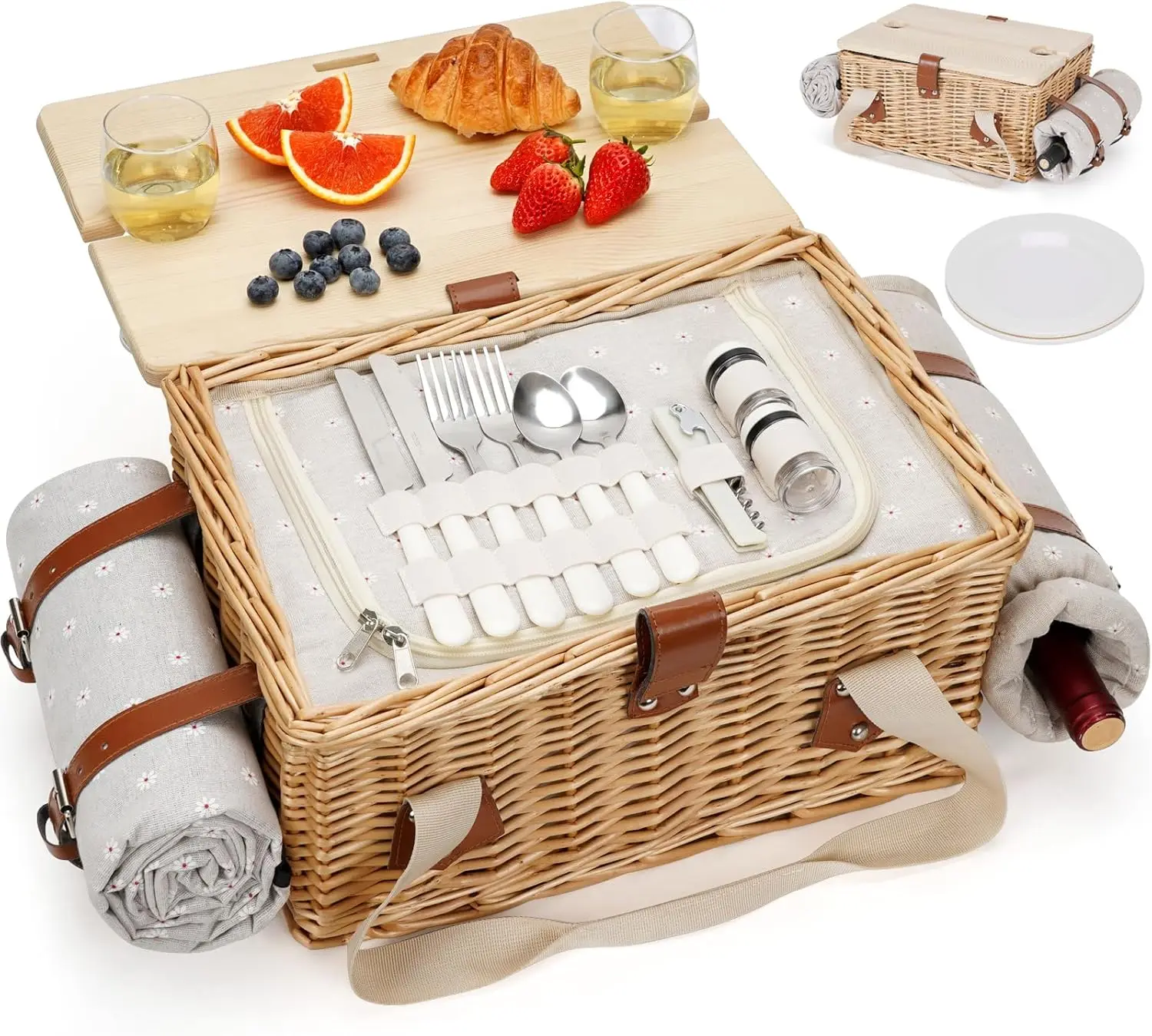 

Wicker Picnic Basket for 2 with Folding Table, Waterproof Blanket & Insulated Wine Bag, 17-Piece Set for Outdoor Adventures