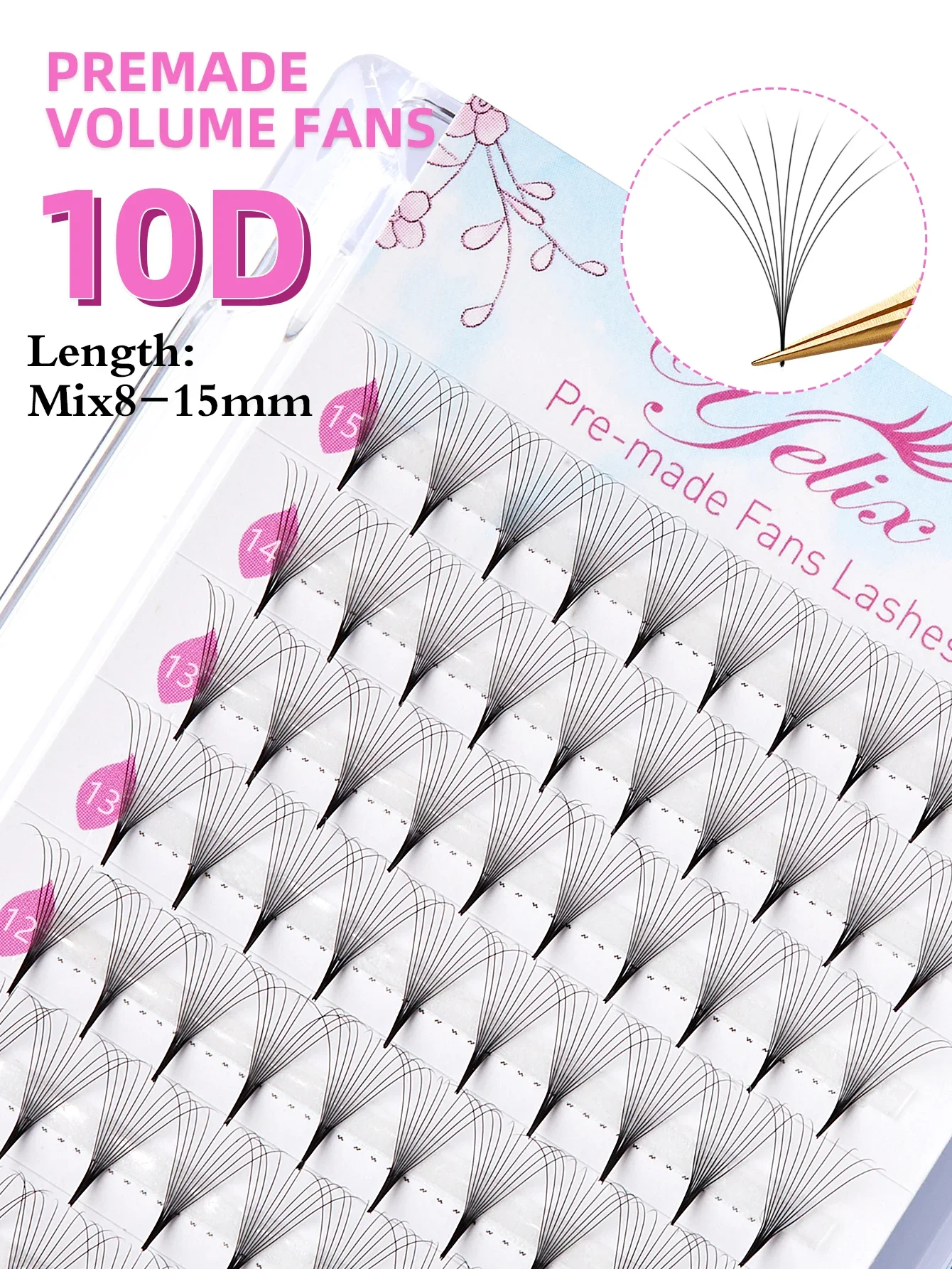 Yelix Premade Volume Fans 5D 6D 7D 8D 10D 14D Eyelash Extension Medium Stem Sharp Thin Base Lash Extension