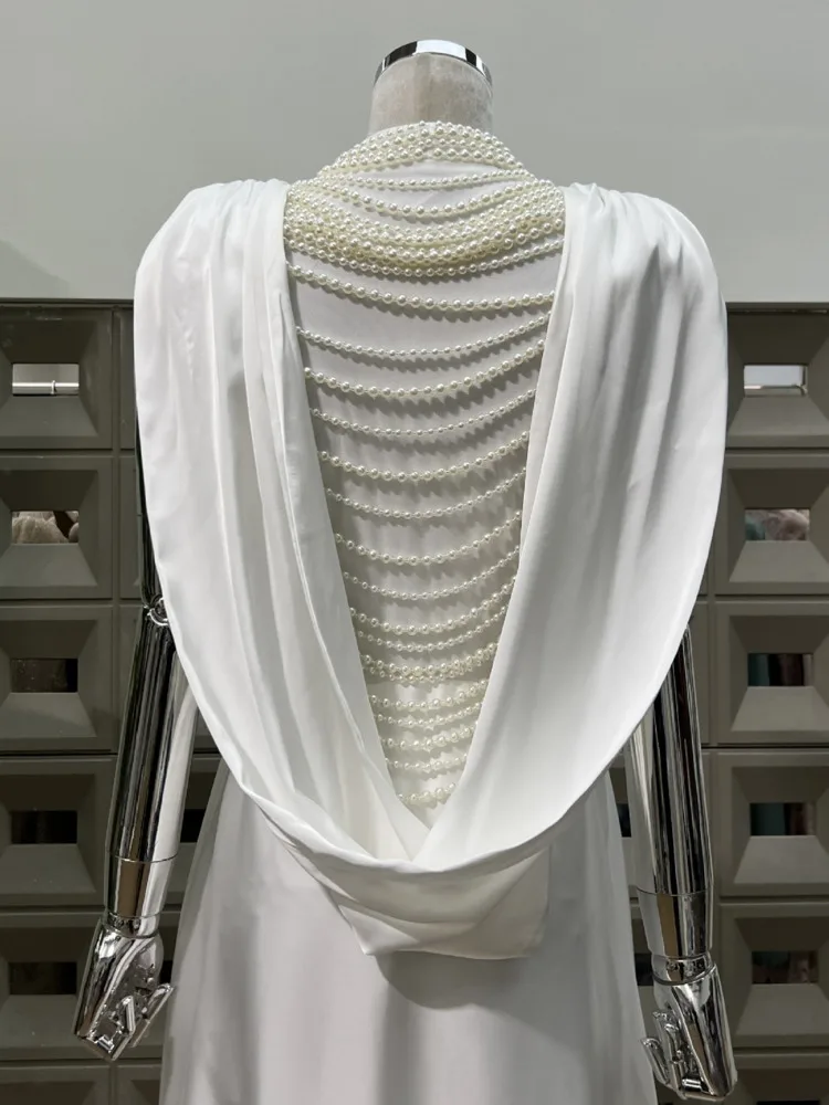 DFDG المرأة 2025 مصمم أنيق لؤلؤ مطرز مساء مزين الخامس الرقبة غير المتكافئة فستان ستان الربيع الصيف فستان الحفلات #6