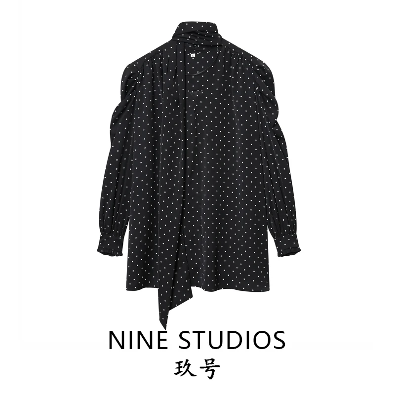 Polka Dot Print Scarf Long Sleeve Dress with Lotus Sleeve High Waist Skirt for Women City Commuting Loose Fit Fashion