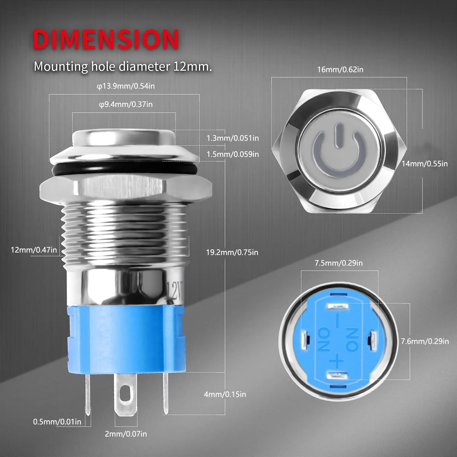 12/16mm Latching Push Button Switch Metal Stainless Shell IP65 Waterproof Power Symbol Pattern Self-Locking 1NO 1NC