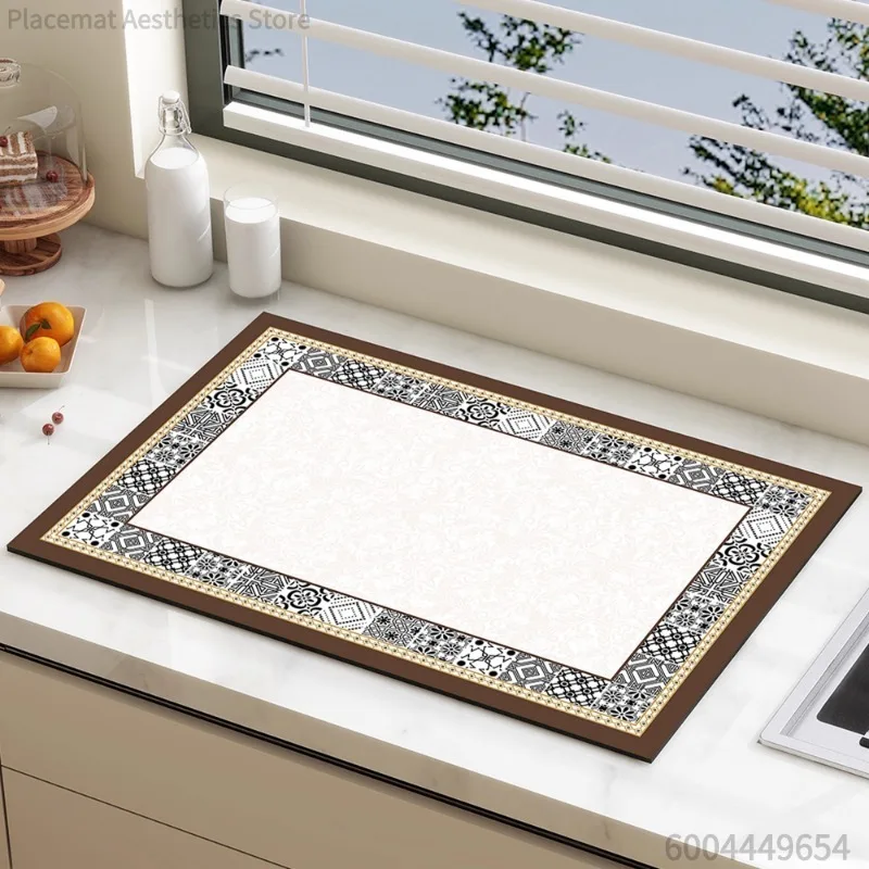 Vintage European Border Print Super Absorbent Drying Mat Waterproof Kitchen Counter Drain Pad Decor Placemat