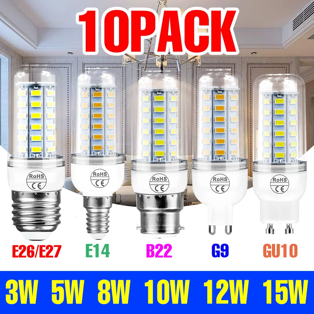 10 Packs LED E27/E26 Bulb E14 Corn Lamp GU10 Ceiling Light B22 Chandelier Bulbs G9 AC220V For Home Lighting 3W 5W 8W 10W 12W 15W
