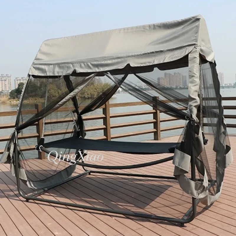 Single Outdoor Swing Hammock Bed with Full Coverage Mosquito Net & Waterproof Canopy Metal Frame Garden Patio Rocking Daybed