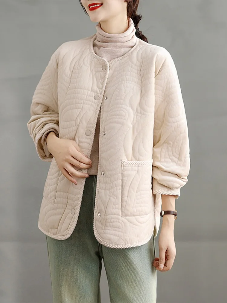 Elegant 3D Wave Quilted Velvet Cotton Jacket Women's Winter Thick Warm round Neck Cotton Coat Casual Style Non-removable Inne...