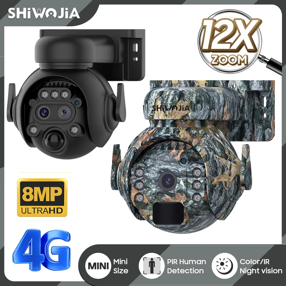SHIWOJIA 4K 8MP 12-krotny zoom 4G Solarne kamery bezpieczeństwa Bezprzewodowe zewnętrzne 360°° Widok z kamerą PTZ do monitorowania zwierząt w kolorze kamuflażu