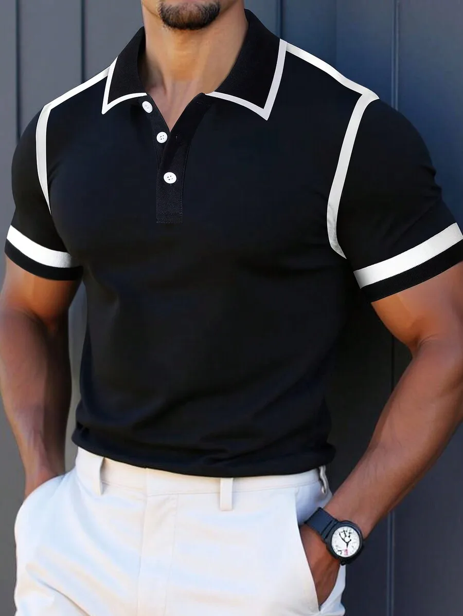 

Мужская черная рубашка-поло с контрастной белой отделкой, повседневная, с коротким рукавом