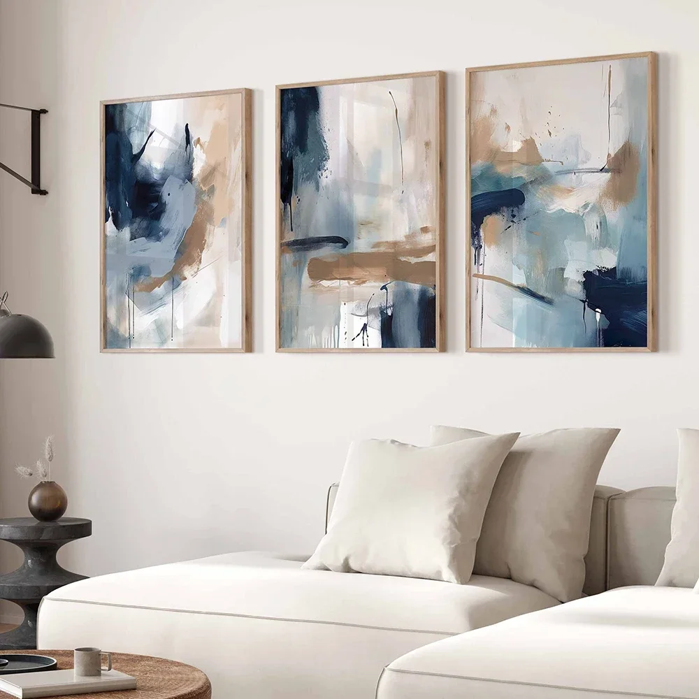 Marineblauer Aquarellpinsel, abstraktes Poster, nordischer minimalistischer Kunstdruck, Boho-Leinwandgemälde für Wohnzimmer, Wanddekoration