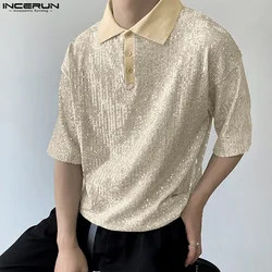 INCERUN Men Shirt Shiny Lapel Short Sleeve Patchwork Streetwear Fashion Men Clothing 2024 Loose Sequins Sparkling Party Shirts