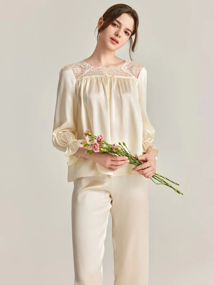 

Palace Style 100% Mulberry Silk Long-Sleeved Long Pants Pajamas Homewear Set Sweet Women's Clothing Nightwear Breathable Pajama