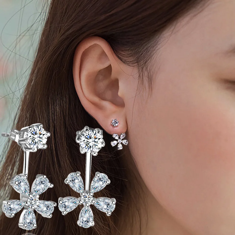 Moissanite Detachable Ear Jackets Flower Earring 925 Sterling Silver Lab Diamond Reversible Stud Earring for Women Front & Back