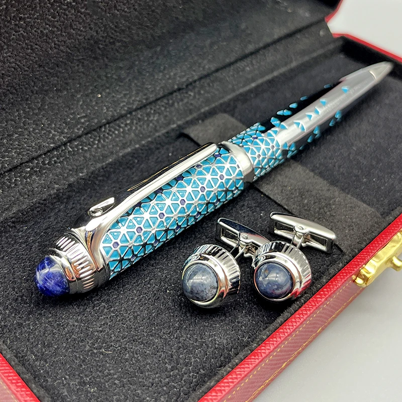 YAMALANG CT Ballpoint Pen Luxury Cyan Triangle and Scale Off Pattern Classic Office School Stationery with Cufflinks