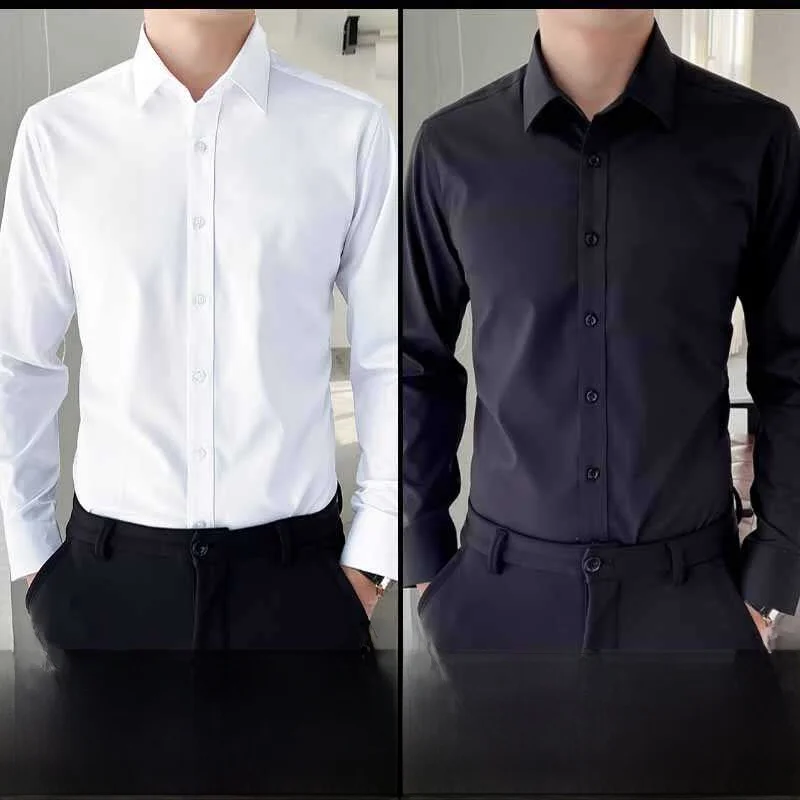 

White Long Sleeve Business Shirt for Men Spring Thin Formal Black Suit Shirt to Wear for Work Professional Slim Fit No Ironin...