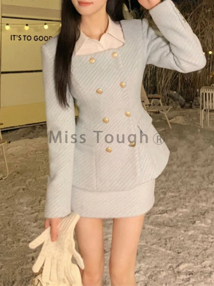 Winter French Fashion Y2k Style 2 Piece Set Aesthetic Striple Tops + Short Slim Skirt New Casual Women Party Suit Autumn 2024