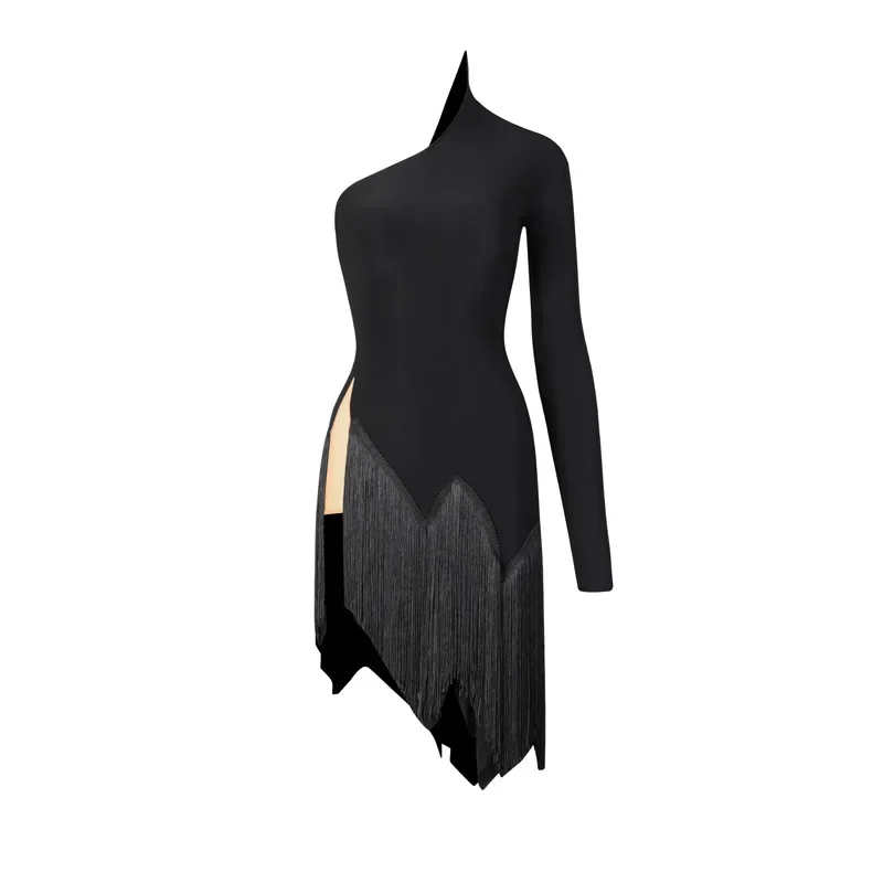 Latin Dance Dress Women One-Sleeve Oblique Shoulder Fringed Black Dress Cha Cha Rumba Samba Performance Clothes Adult DNV19065