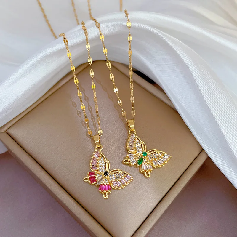 Stainless Steel Elegant Statement Butterfly Pendant Necklace Rhinestone Chain for Women Bling Crystal Choker Party Jewelry