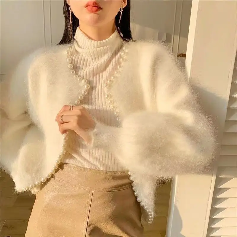 

Elegant Commute Style Single Button Closure Long Sleeve Loose Pearl Trimmed Knitted Sweater Lantern Sleeve Faux Fur Outerwear