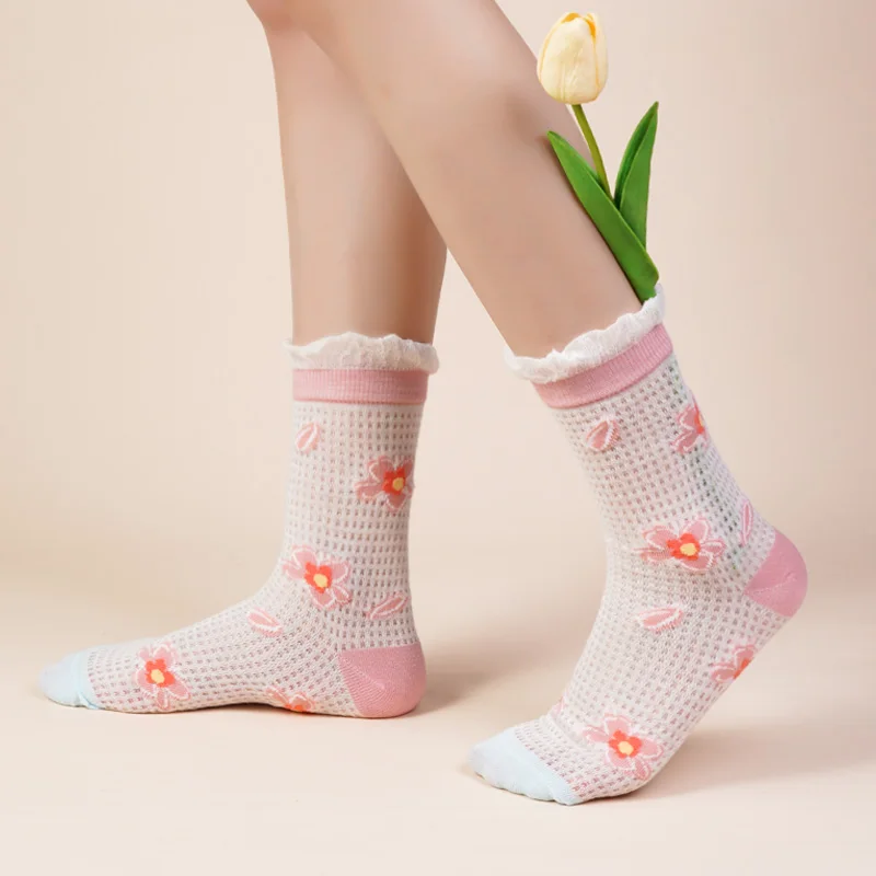 Mesh Breathable Mid Tube Cotton Socks for Women Japanese Cute Kawaii Flower Tulip Spring and Summer Card Silk JK Short Socks