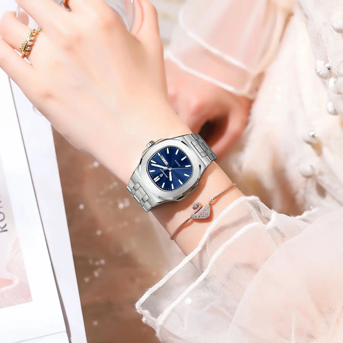 POEDAGAR Exquisite Square Woman Watch Date Week Original Waterproof Luminous Ladies Watch Stainless Steel Quartz Women's Watches view 6