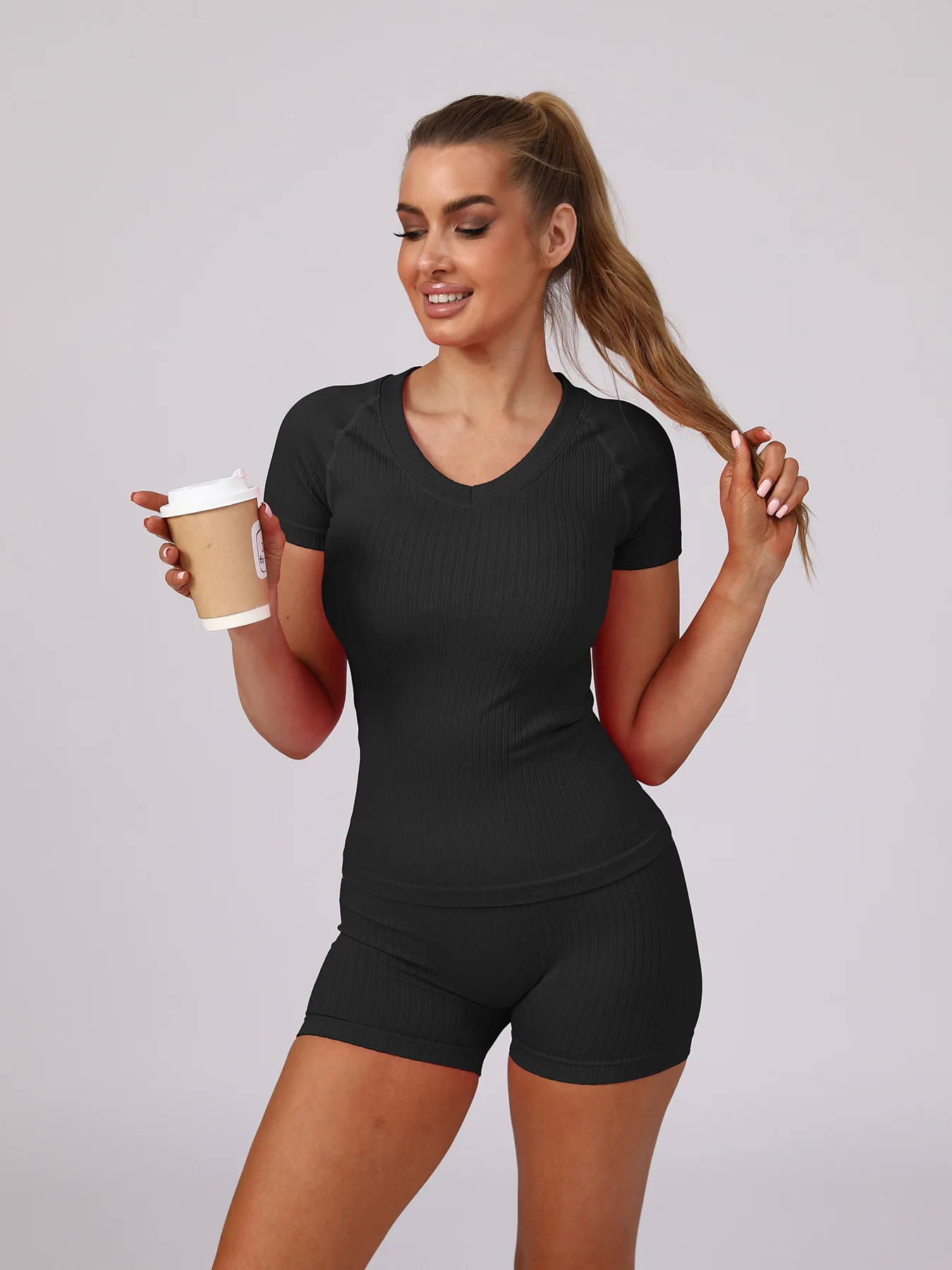 Sport-Dreiviertel-Shorts für Damen, gerippte, schmale Shorts, hohe Taille, dehnbare Leggings, für Fitness, Workout, Laufen, sexy, hüfthebende Yoga-Shorts – Detail 14