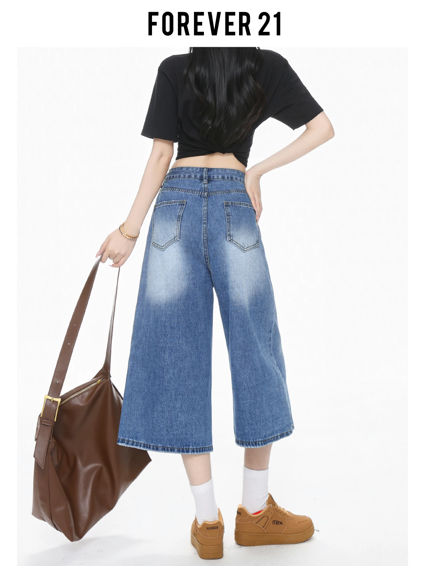 Pantalones vaqueros de cintura alta y pierna ancha Forever 21 para mujer, pantalones cortos de mezclilla azul medio informales, estilo retro, ajuste cómodo, corte recto