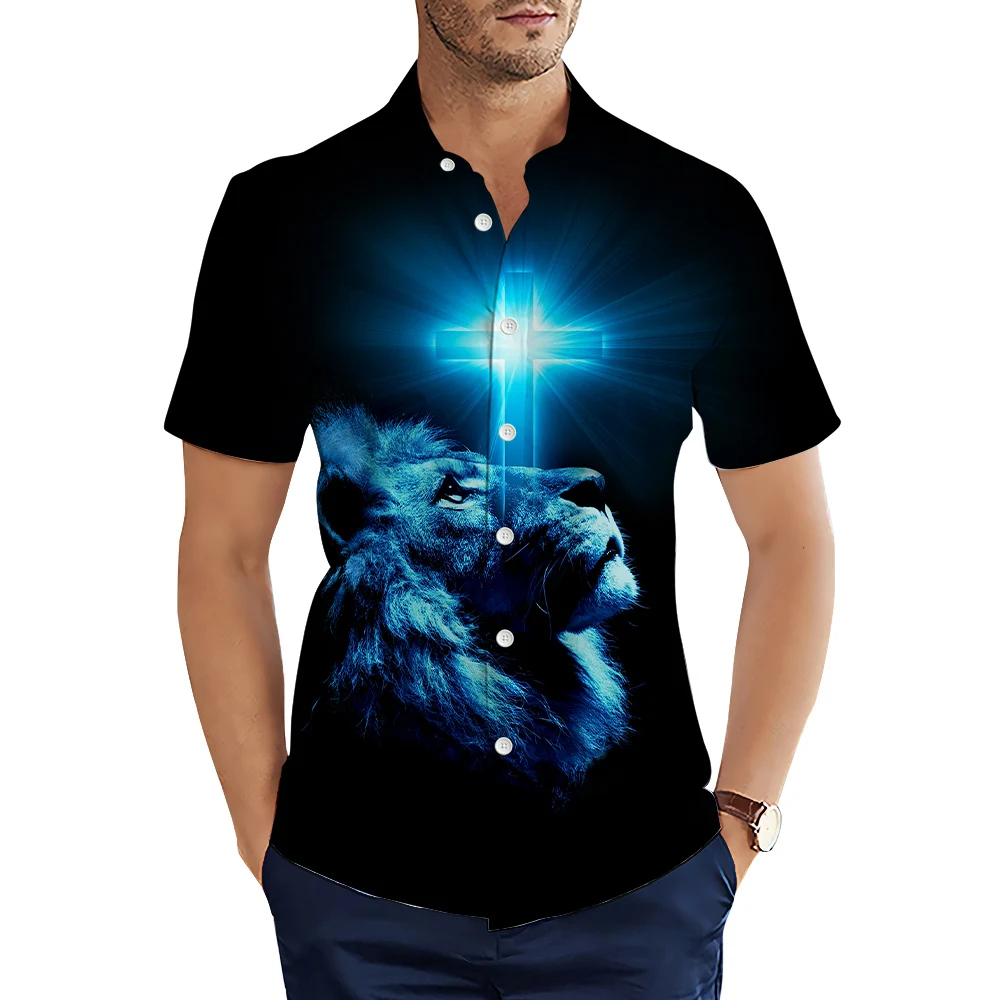 

HX Fashion Men's Shirts Blue Ray Christ Cross Lion 3D Printed Casual Shirt Summer Short Sleeve Shirts for Man Camisas S-5XL