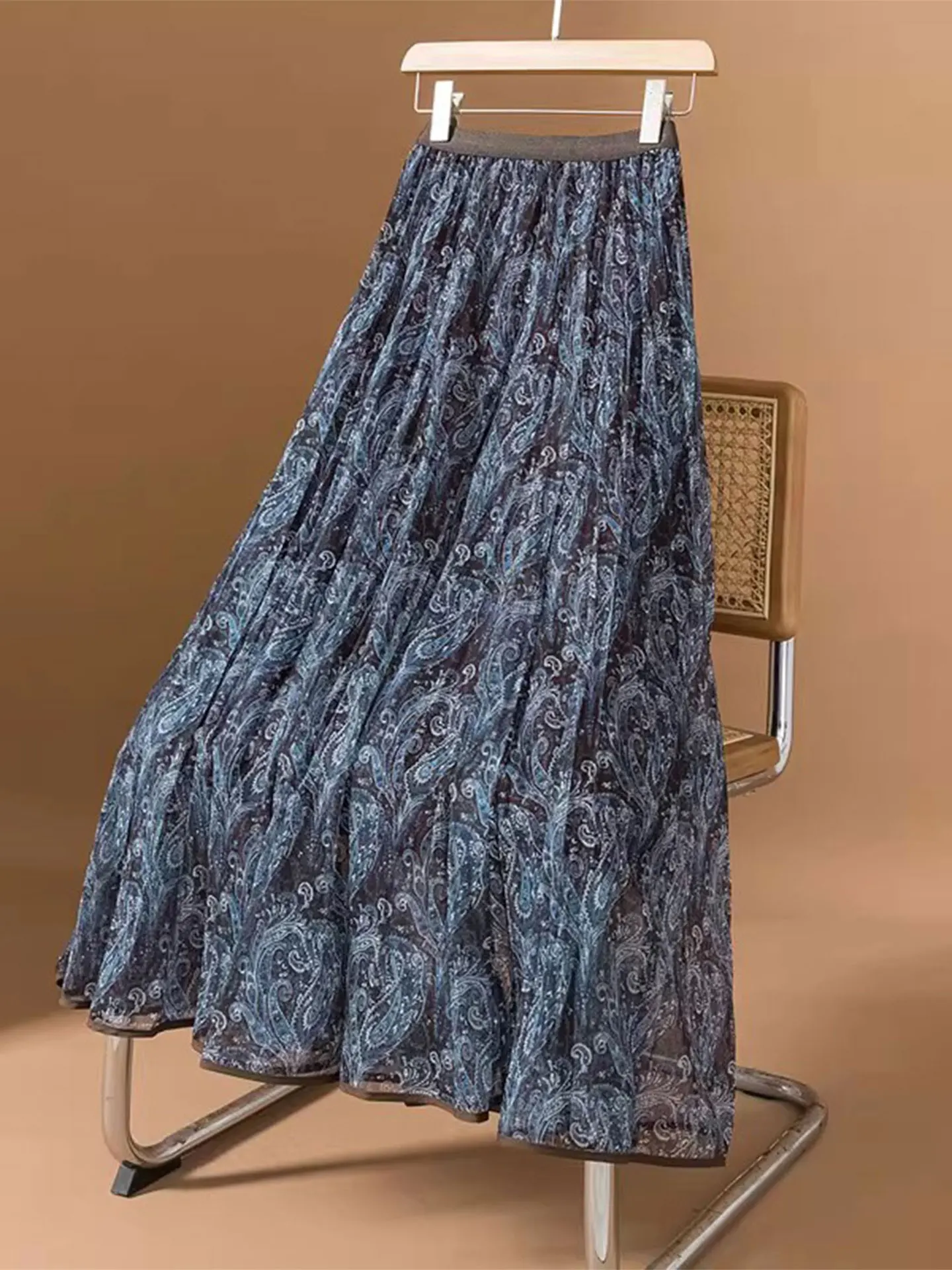 

Ретро-юбка с цветочным кружевом, женская, больших размеров, с высокой талией, эластичная, А-силуэт, длинная, весна 2026, корейский стиль, для повседневной носки