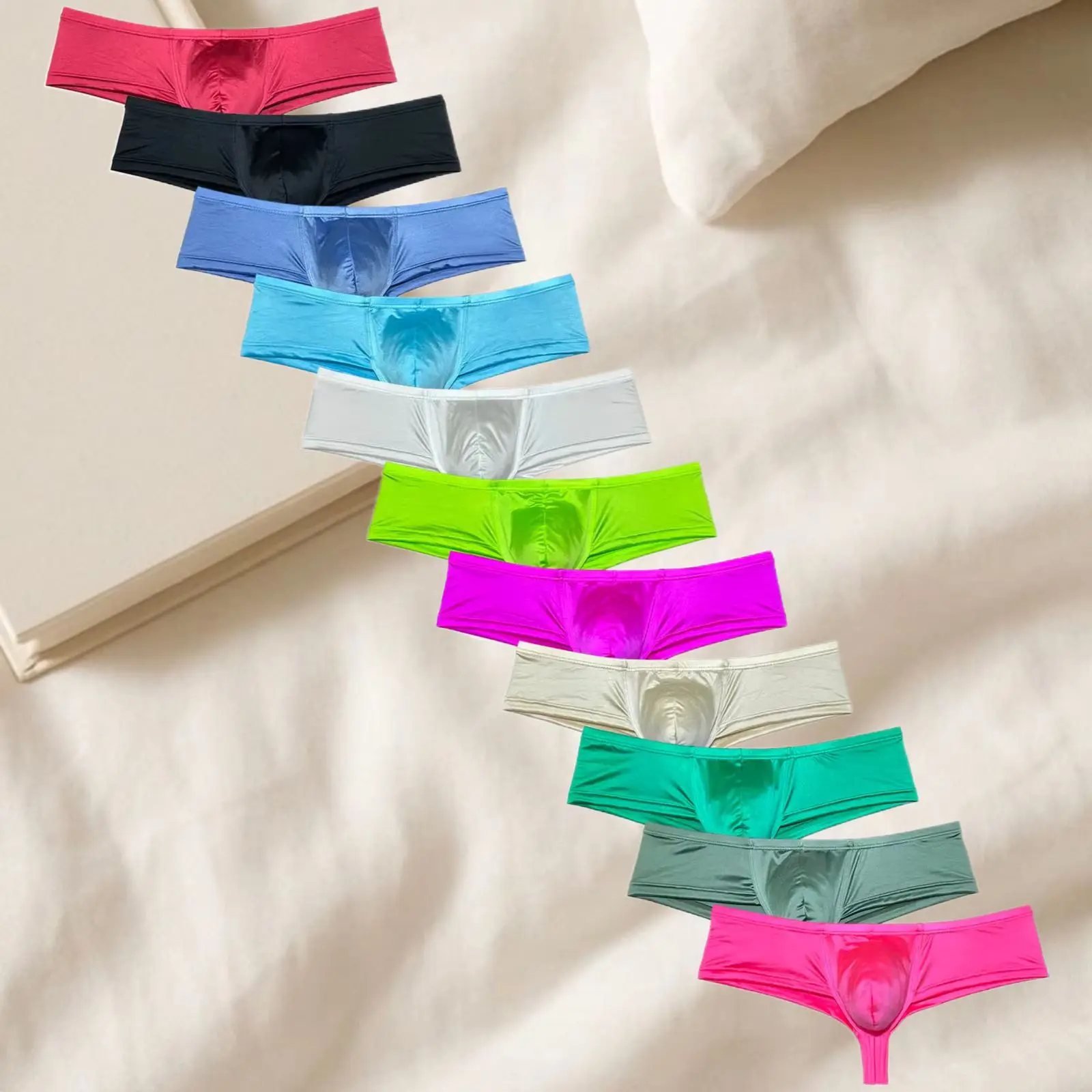 

JAXFSTK Мужское короткое нижнее белье с выпуклым мешочком, дерзкое мужское бикини, однотонные шелковистые треугольные трусы, ультратонкие эластичные пляжные трусы, удобные