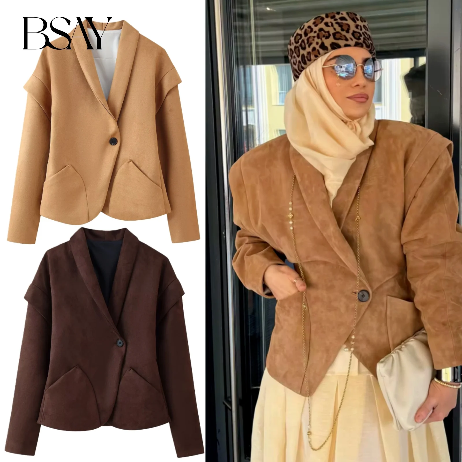 

BSAY 2025 Autumn New Women's French English Collar Long Sleeve Suede Leather Single Button Casual Short Suit Coat