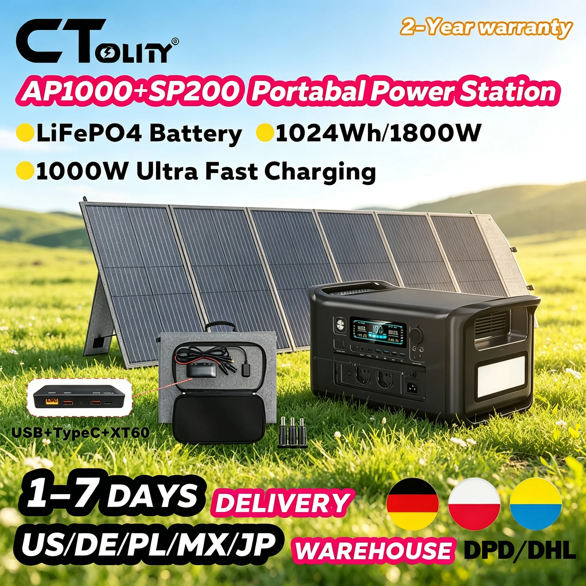CTOLITY 1800W Tragbarer Solar-Generator Komplettset mit 200W Solarpanel, 1024WH LiFePO4-Akku, Reiner Sinuswellen-Stromerzeuger für Outdoor-Stromversorgung, Solar-Ladestation
