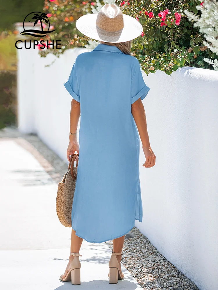 CUPSHE Shirt Collar Bell Sleeve Cover Up For Women Blue Sexy Loose Holiday Beach Button Dress 2023 Summer Midi Dress Beachwear