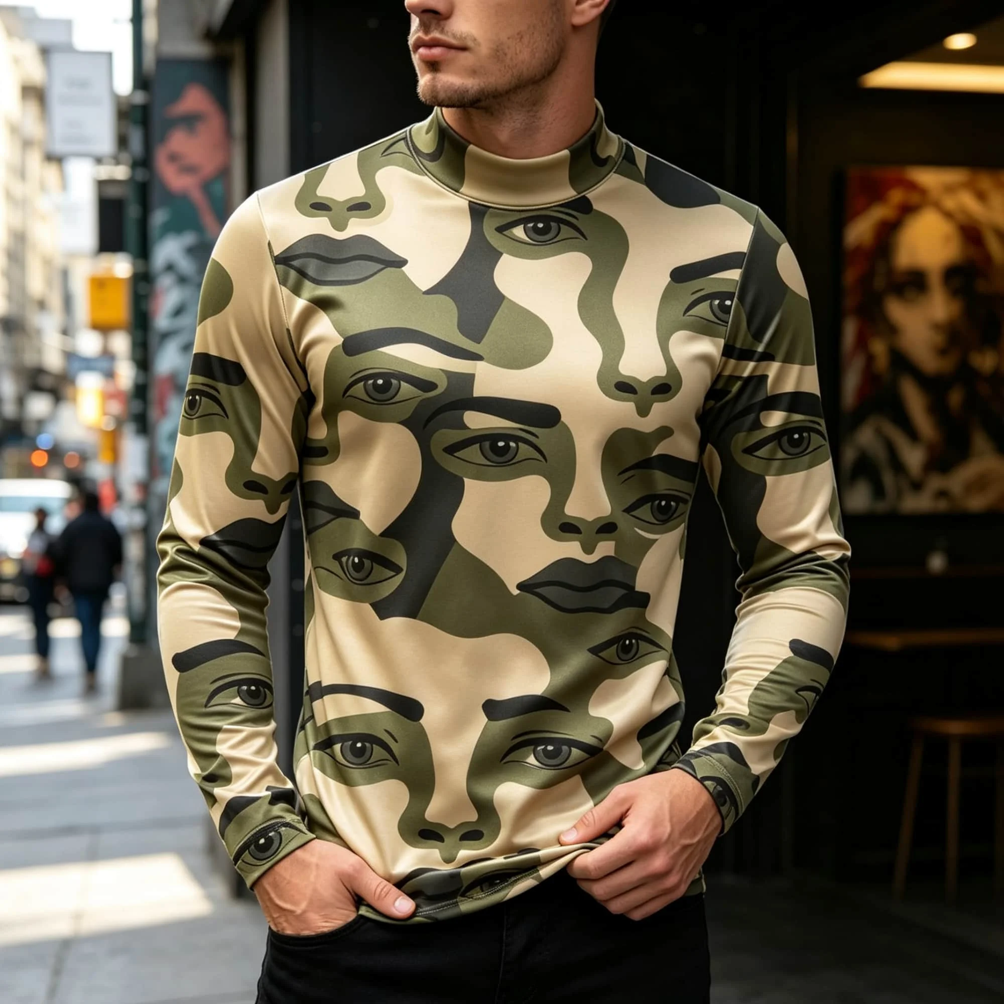 Abstract Collage Facial Pattern Men Pullover Mock Neck Long Sleeve Camo Tone Decor Men’s Fashion T‑Shirt