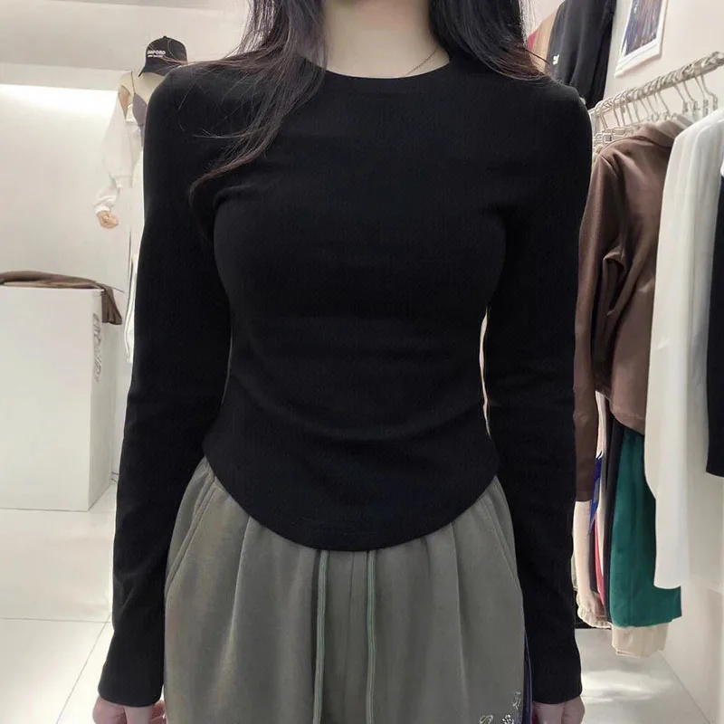 Brushed Cotton Round Neck Slim Fit Long Sleeve T-shirt Women Solid Color Skinny Casual Tops Autumn Winter Inner Wear Clothes