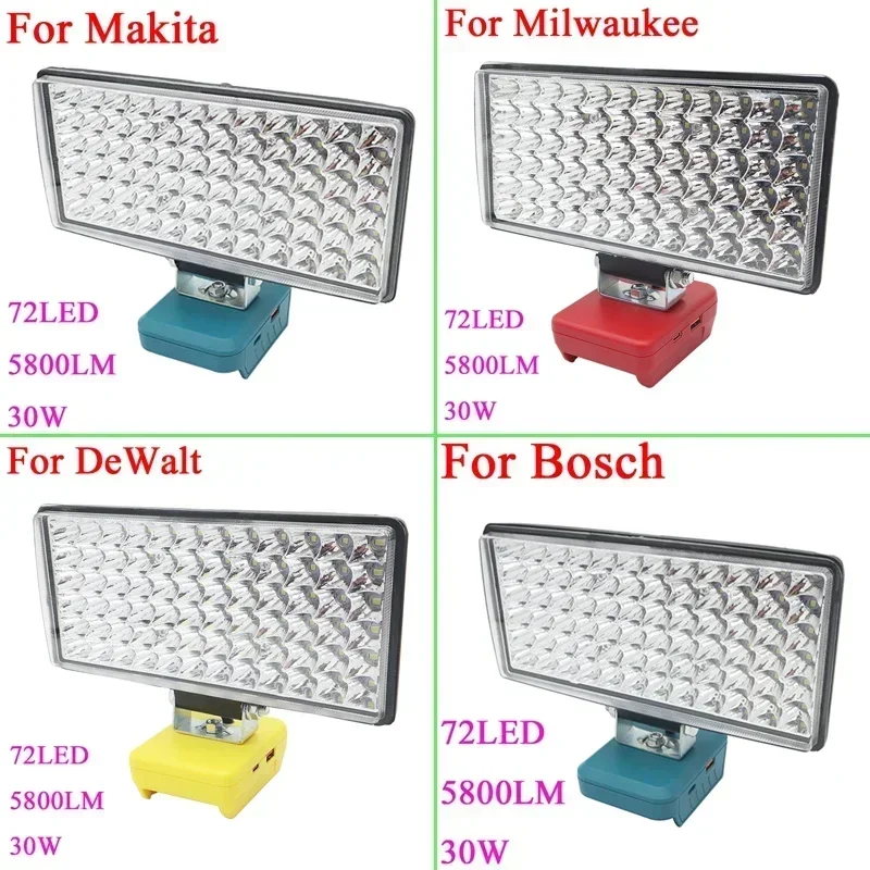 

72 Beads Car LED Work Light Flashlight Torch USB Power Bank For Makita For DeWalt For Bosch For Milwaukee 18V 20V Li-ion Battery