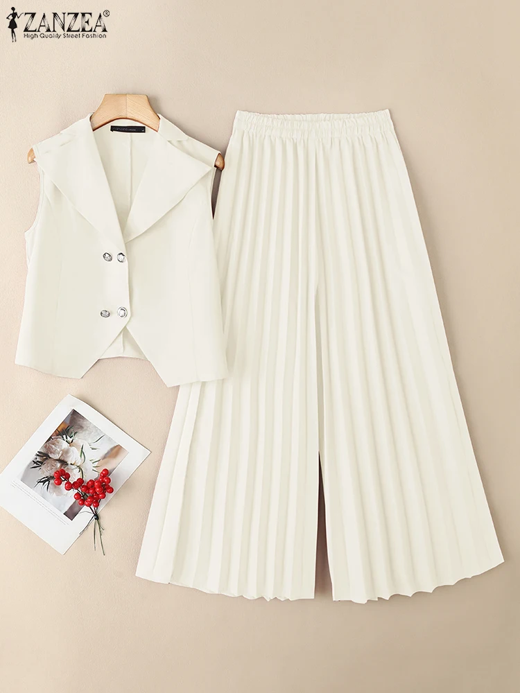 

ZANZEA Summer 2PCS Outfits Office Women 2 Piece Sets Elegant Sleeveless Vests Tops Pleated Wide Leg Pants Fashion Work Tracksuit