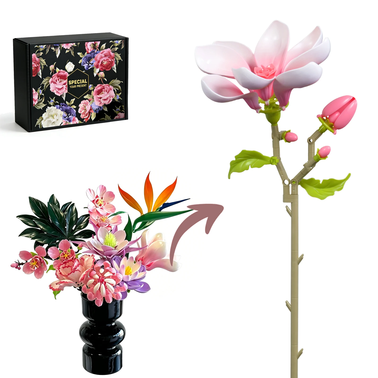 Magnolia Blossoms Building Block Bouquet Flowers Featuring Gradient Petal Details Ideal for Tabletop Display DIY Home Decor