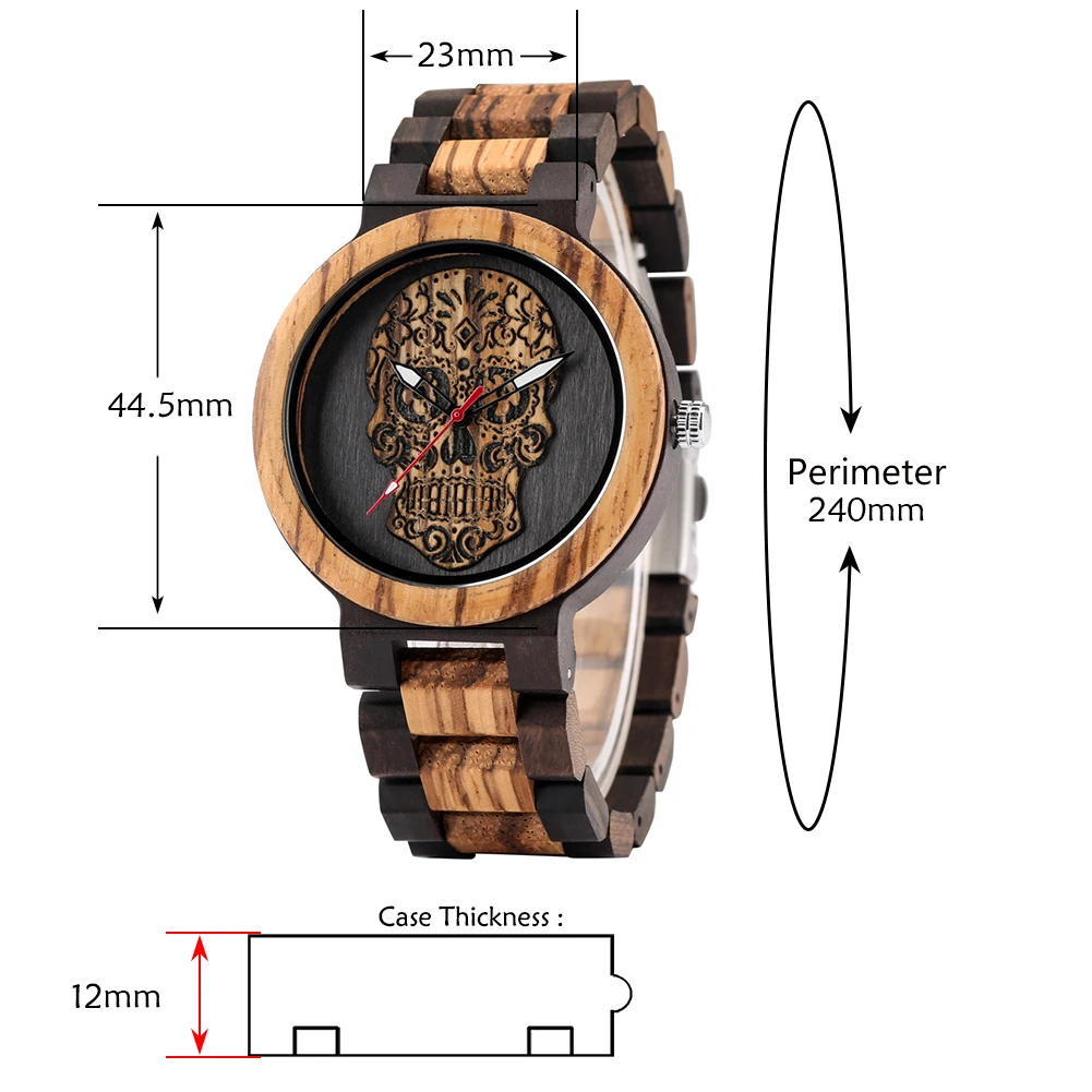 Steampunk Flower Skeleton Red Seconds Dial Men\'s Zebrawood Bangle Wristwatches Quartz Male Watch Folidng Clasp Wooden Watchband